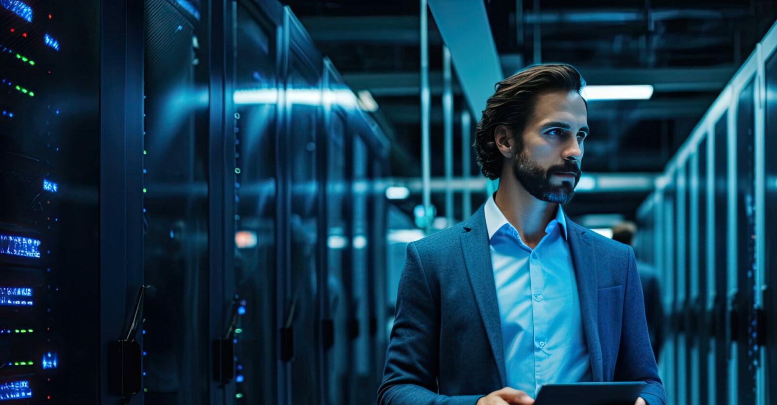 A man standing in a data center looking to the right.