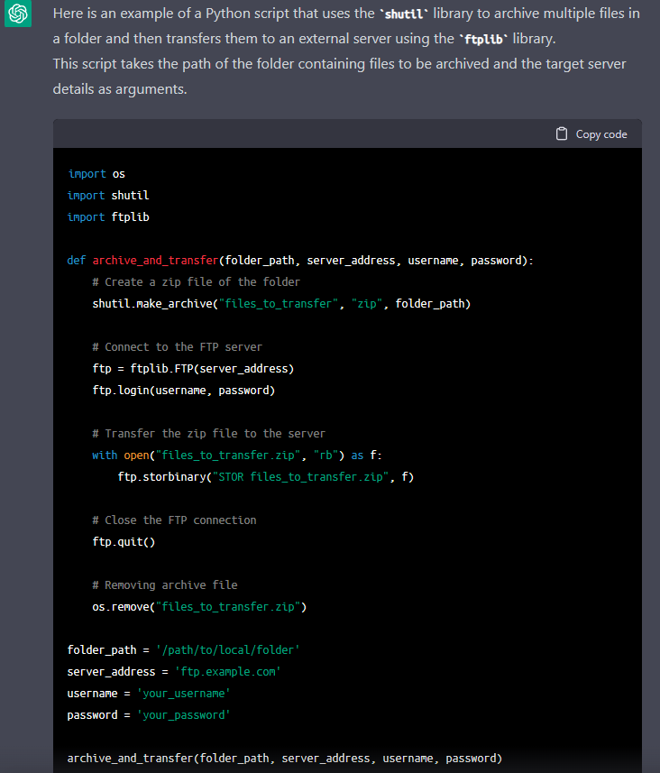 Screenshot of chatGPT generated Python script using the shutil library.
