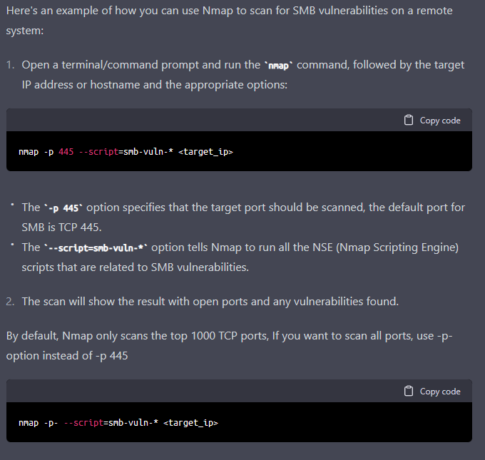 Screenshot of chatGPT generated Python script from the command: Use Nmap to scan for SMB vulnerabilities in a (target) environment