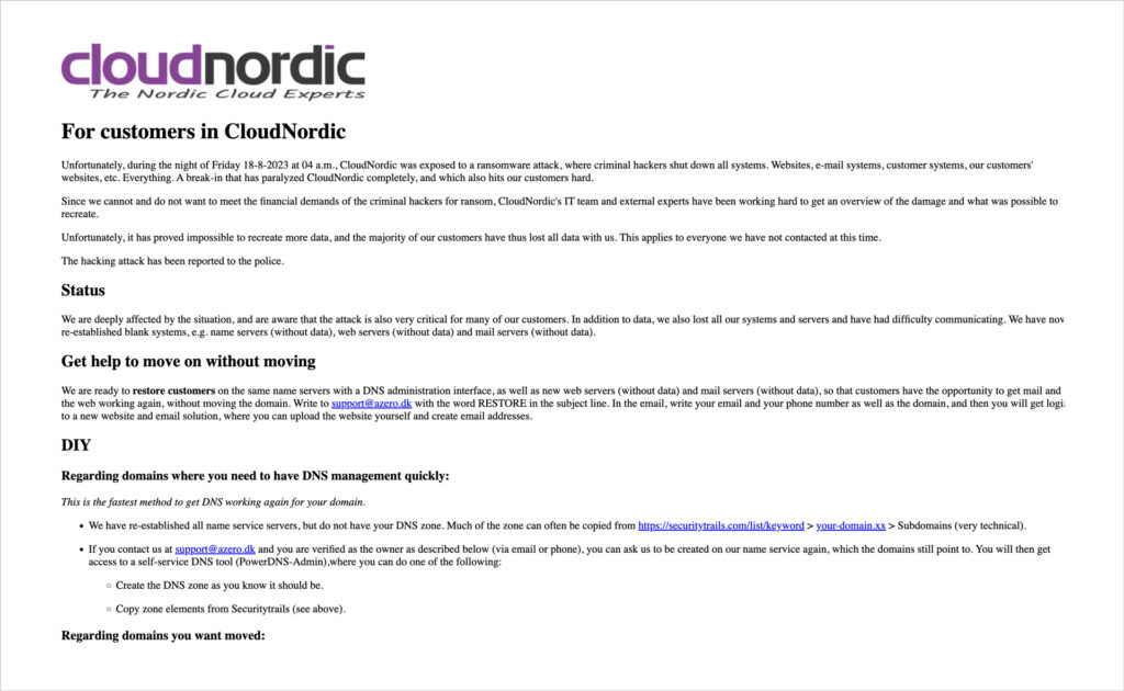 Screenshot of https://cloudnordic.com/ with the message for their customers explaining the situation (translated into English).